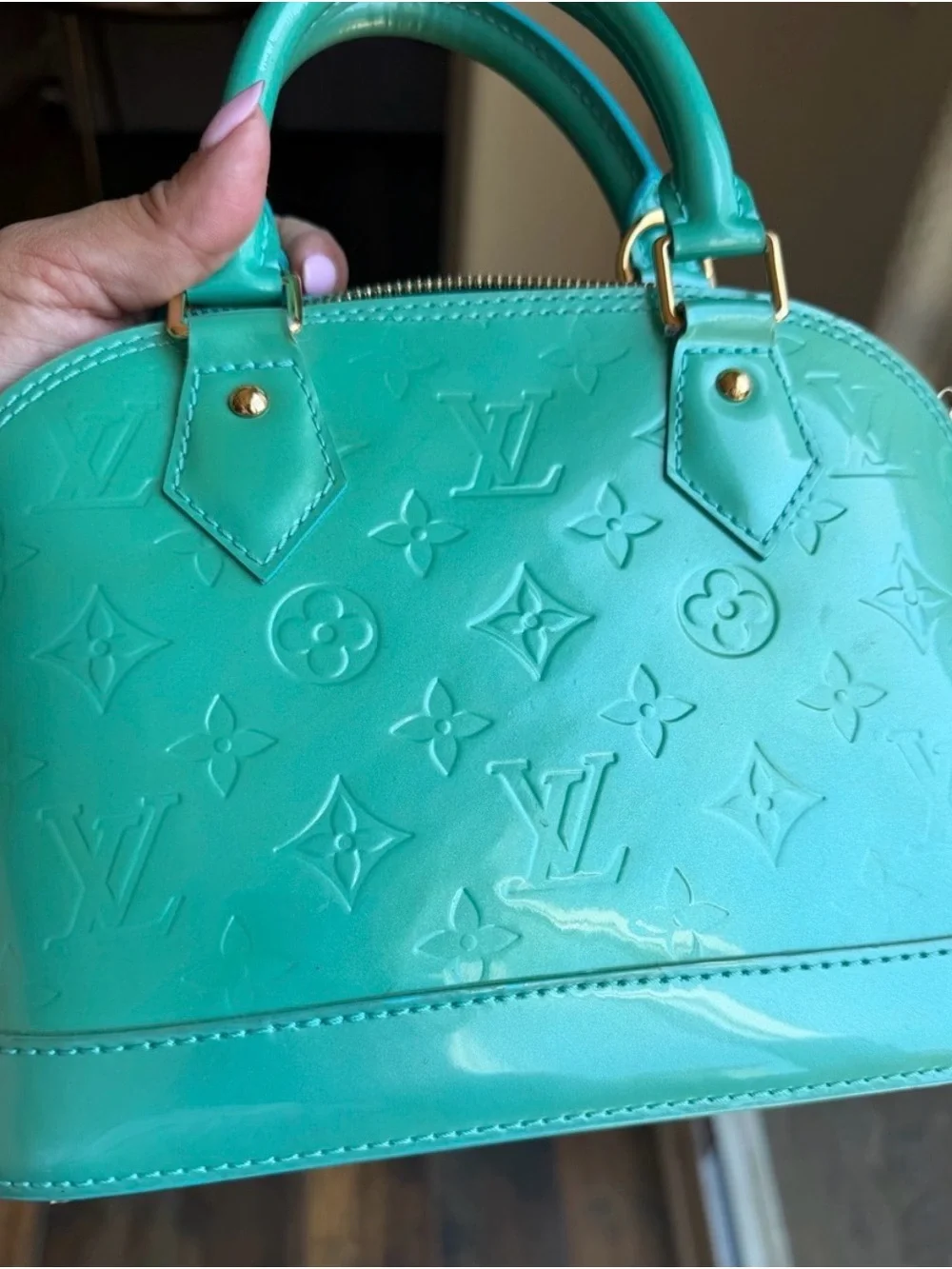 Louis Vuitton Turquoise Alma BB Vernis Satchel with Strap